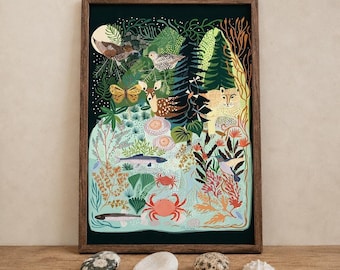 Könnte beinhalten: Ein gerahmter Kunstdruck zeigt eine dunkle Waldszene mit einem Hirsch, einem Leoparden, Vögeln und einem Schmetterling über einem hellblauen Wasserbereich mit Fischen, Krabben und Algen. Die Illustration verwendet Grün-, Blau- und Orangetöne.