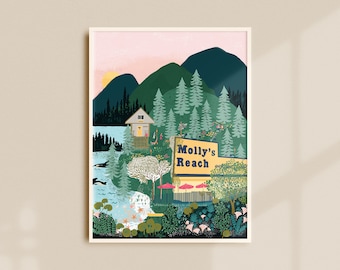 May include: A framed illustration of a forest scene with a cabin, a lake, and a sign that reads "Molly's Reach". The illustration is done in a whimsical style with bright colors and bold lines.