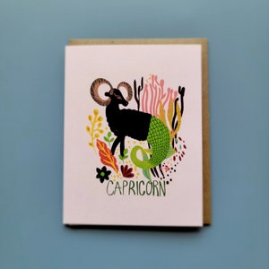 Wenskaart van de dierenriem van Steenbok | Astrologie tekenkaart | Verjaardagskaart | Blanco kaart|Spiritueel|Zeegeit|Koraal|Roze