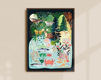 BC Wildlife Art Print | Forest Art | Ocean Art | Nature Art | Pacific Northwest| Plants and Animals | Canada Art| British Columbia| Island
