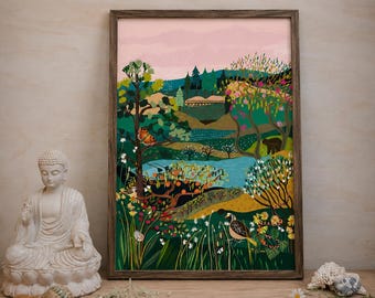 May include: A framed art print featuring a colorful landscape illustration with a light pink sky, green hills, a blue river, trees, flowers, a butterfly, a bear, and a bird, displayed next to a white Buddha statue and a small maraca.