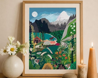 May include: A framed art print featuring a colorful mountain landscape with a full moon, a red cabin, a hiker, and various wildlife including a moose, bear, and chipmunk. The scene is filled with green pine trees, flowers, and rocky peaks.