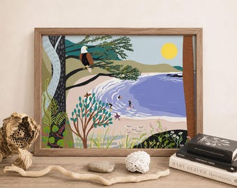 May include: A framed art print depicting a coastal scene with a bald eagle perched on a pine tree branch, a yellow sun in the sky, and people surfing in the blue ocean waves. The landscape includes sandy shores, green foliage, and small birds.