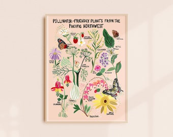 Pollinators of the Pacific Northwest Wall Art | Natural History Plants Print | Plants for Bees and Butterflies |Vintage-Inspired | Floral