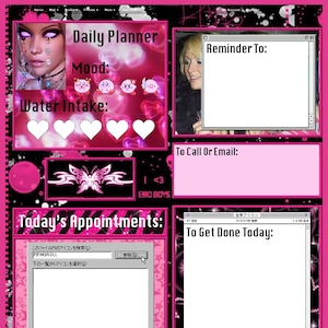 May include: A pink and black digital planner with a pink butterfly design. The planner includes sections for daily appointments, to-do lists, notes, and reminders. The planner also includes a mood tracker and a water intake tracker.