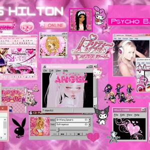 Peut inclure: Un collage rose avec le texte "PARIS HILTON" et diverses images, notamment des fenêtres d'ordinateur, des personnages d'anime et le texte "PSYCHO BARBIE". L'ensemble est dominé par le rose.