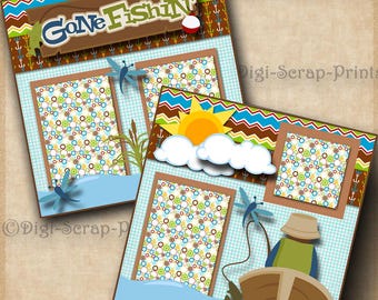 GONE FISHING 2 Printed 12X12 Pre-made Scrapbook Pages Quick EZ Pages Paper Premade Boat Layout  Scrapbooking DigiScrapPrints A0566