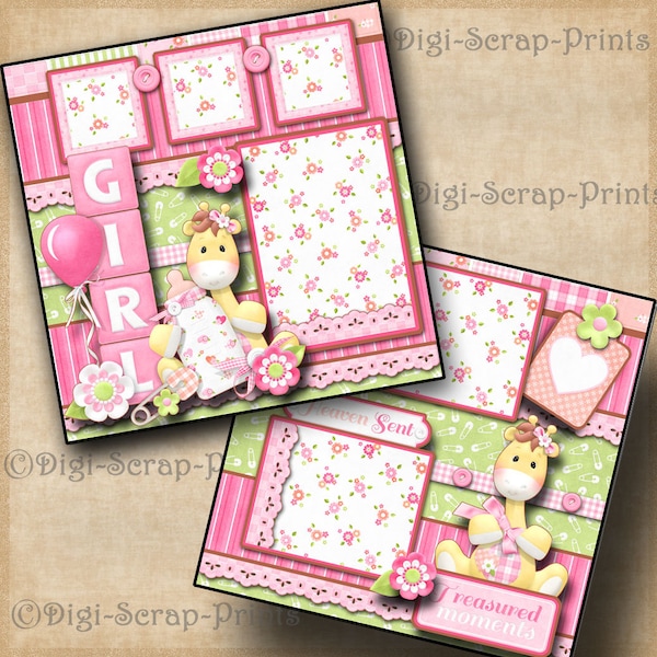 BABY GIRL ~  2 Printed 12X12 Pre-made Scrapbook Pages Quick Pages Digital Paper Premade Layout Paper Scrapbooking DigiScrapPrints A0057