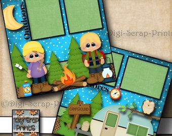 CAMPING  ~ camp fire  2 Printed 12X12 Pre-made Scrapbook Pages Quick EZ Pages Paper Premade boys Layout  Scrapbooking DigiScrapPrints  A0128