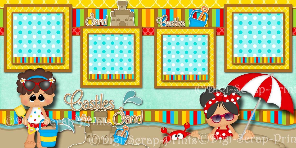 SAND CASTLES Girl Beach Ocean Printed 12X12 Pre-made Scrapbook Pages ...