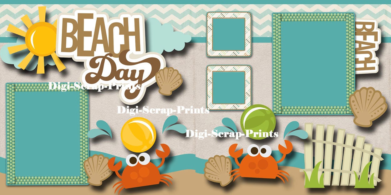 BEACH DAY Ocean Sand 2 Printed 12X12 Pre-made Scrapbook Pages Quick EZ ...