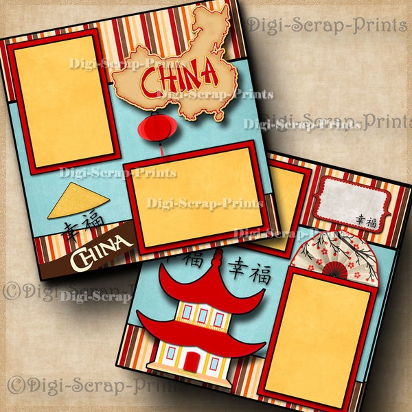 CHINA ~ vacation travel 2 Printed 12X12 Pre-made Scrapbook Pages Quick Pages Scrapbooking Paper travel Layout Premade DigiScrapPrints A0186