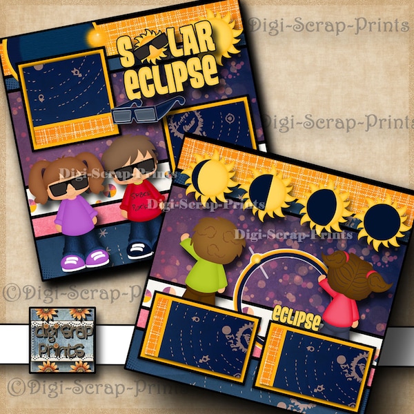 SOLAR ECLIPSE 2024 2 Printed 12X12 Pre-made Scrapbook Pages Quick Pages Scrapbooking Paper travel Layout Premade By DigiScrapPrints A0544