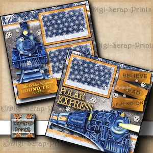 May include: A digital scrapbook paper design featuring a blue train with the words "The Polar Express Round Trip" and "Polar Express" on tickets. The background is a blue and white snowflake pattern with a gray and white background. The paper is perfect for scrapbooking, card making, and other paper crafts.