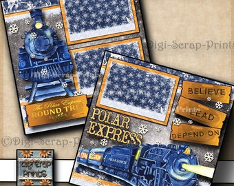 May include: A digital scrapbook paper design featuring a blue train with the words "The Polar Express Round Trip" and "Polar Express" on tickets. The background is a blue and white snowflake pattern with a gray and white background. The paper is perfect for scrapbooking, card making, and other paper crafts.