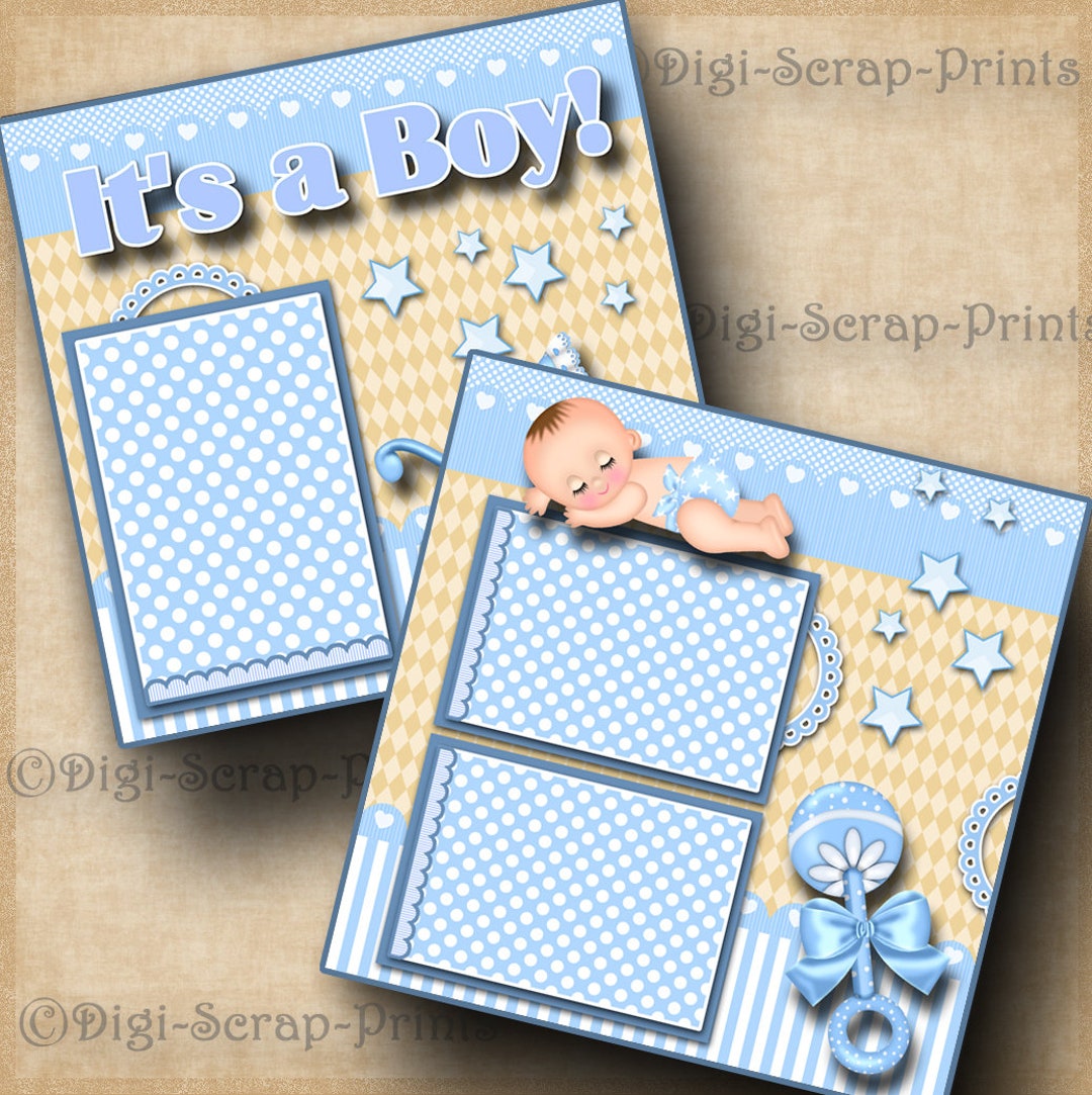 BABY BOY 2 premade scrapbook pages paper piecing DINOSAUR DIGISCRAP #A0029