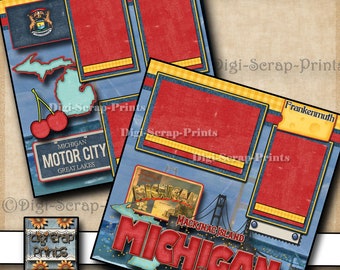 MICHIGAN  ~  vacation 2 Printed 12X12 Pre-made Scrapbook Pages Quick Pages Scrapbooking Paper travel Layout Premade By DigiScrapPrints A0471