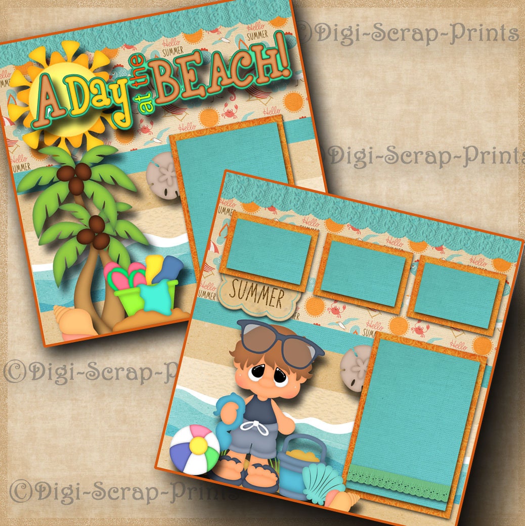 BEACH DAY Boy ~ 2 Printed 12X12 Pre-made Scrapbook Pages Quick EZ Pages ...