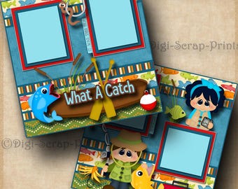 What A Catch FISHING 2 Printed 12X12 Pre-made Scrapbook Pages Quick EZ Pages Paper Premade Boat Layout  Scrapbooking DigiScrapPrints A0567
