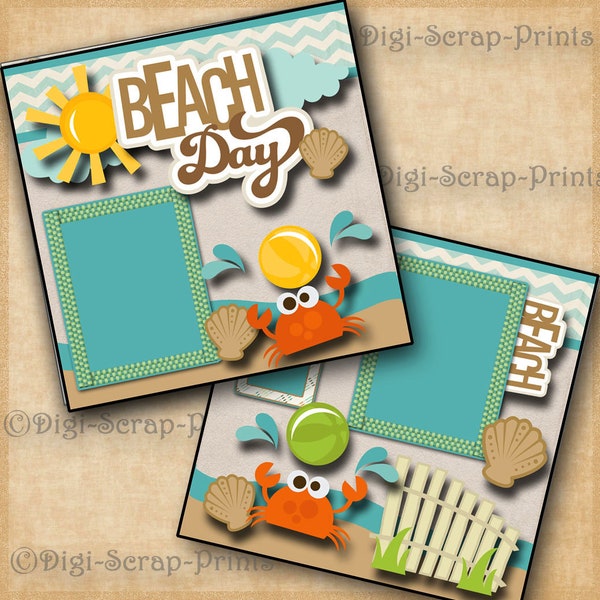 BEACH DAY ocean sand  2 Printed 12X12 Pre-made Scrapbook Pages Quick EZ Pages Paper Premade Layout Paper Scrapbooking DigiScrapPrints A0089