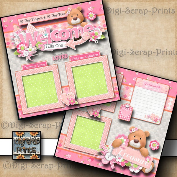 BABY GIRL ~  2 Printed 12X12 Pre-made Scrapbook Pages Quick Pages Digital Paper Premade Layout Paper Scrapbooking DigiScrapPrints A0063