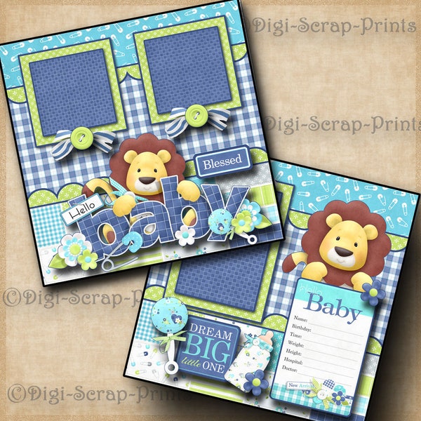 Hello Baby Boy  ~ 2 Printed 12X12 Pre-made Scrapbook Pages Quick Pages shower Paper Premade Layout Paper DigiScrapPrints A0047