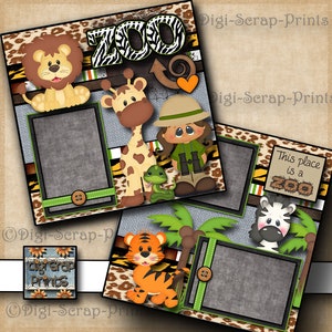 ZOO ~  2 Printed 12X12" Pre-made Scrapbook Pages Quick Pages Paper Girl wild animals Layout Pages Scrapbooking Premade DigiScrapPrints A0015