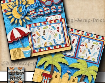 BEACH DAY Ocean Sand 2 Printed 12X12 Pre-made Scrapbook Pages Quick EZ ...