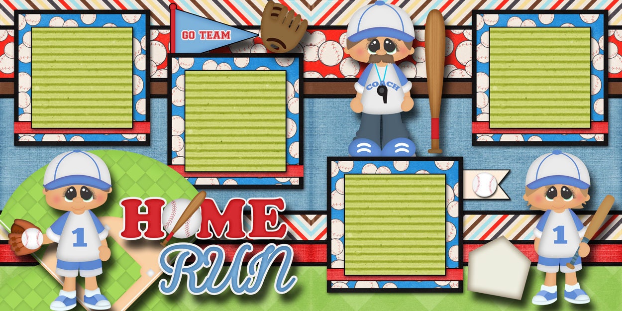 HOME RUN 2 Printed 12x12" Pre-made Scrapbook Pages Quick Premade Paper ...