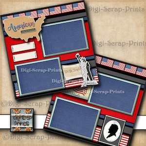 AMERICAN ADVENTURE ~ vacation travel 2 Printed 12X12 Pre-made Scrapbook Pages Quick Scrapbooking Paper Layout Premade DigiScrapPrints A0143