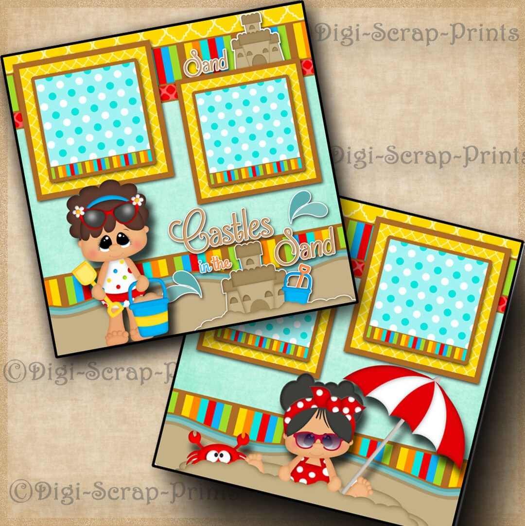 SAND CASTLES Girl Beach Ocean Printed 12X12 Pre-made Scrapbook Pages ...