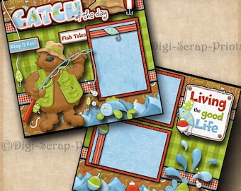 GONE FISHING 2 Printed 12X12 Pre-made Scrapbook Pages Quick EZ Pages Paper Premade Boat Layout  Scrapbooking DigiScrapPrints A0565