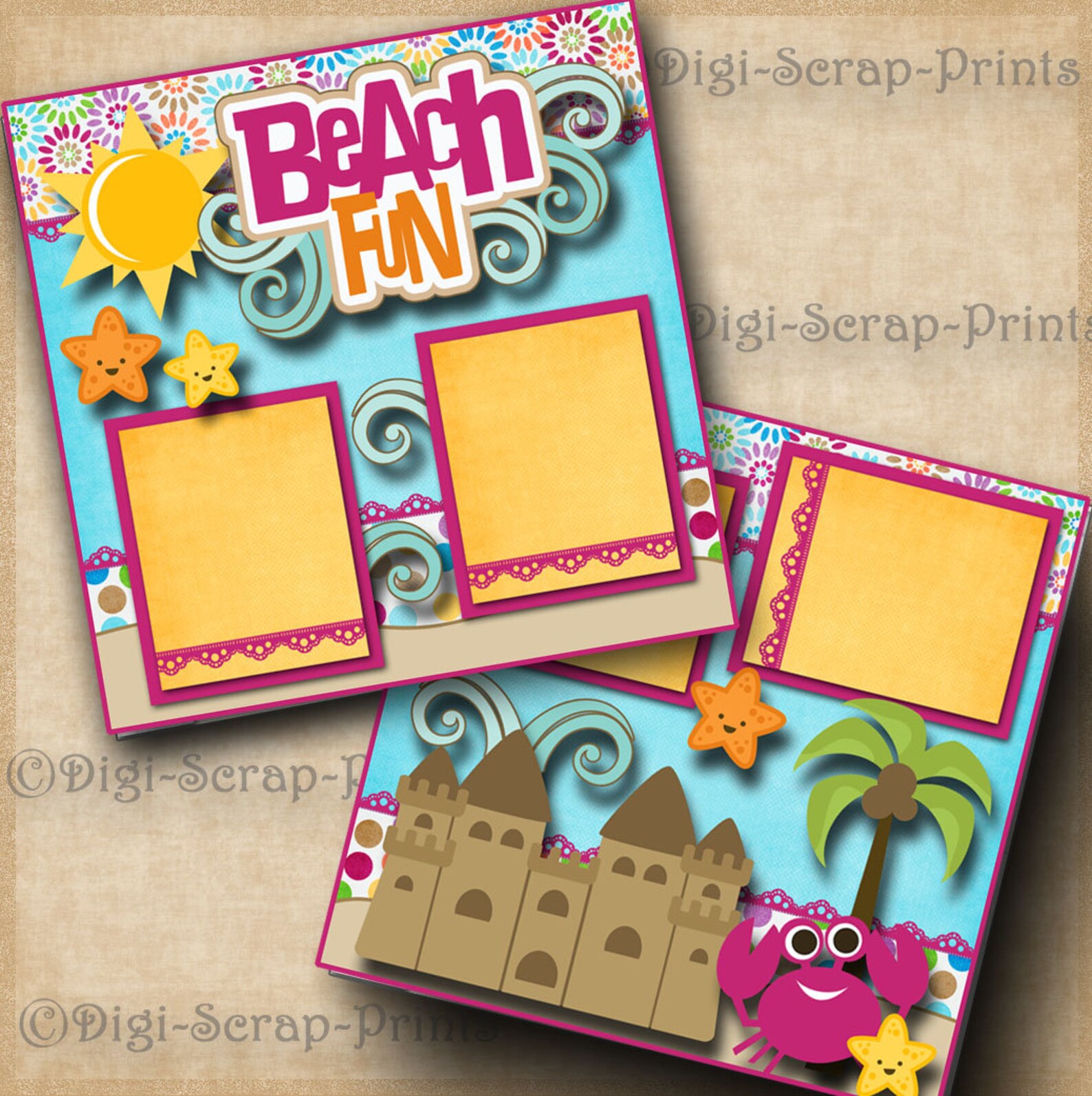 BEACH FUN Ocean Sand 2 Printed 12X12 Pre-made Scrapbook Pages Quick EZ ...