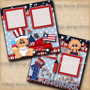 Babies 1st July 4th ~ 2 Printed 12X12 Pre-made Scrapbook Pages Quick Pages Baby BOy or GIrl Paper Premade Layout Paper DigiScrapPrints A0037