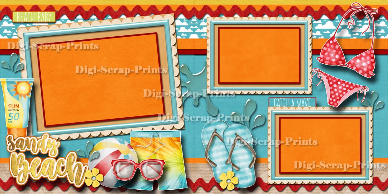 SANDY BEACH Ocean 2 Printed 12X12 Pre-made Scrapbook Pages Quick Ez ...
