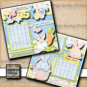 May include: A digital scrapbook paper design featuring a blue and white checkered background with Easter bunnies, eggs, and flowers. The text "Egg-specially Cute" and "Easter" are featured in the design. The text "Easter Hoppenings" and "Hoppy Easter" are also included in the design.