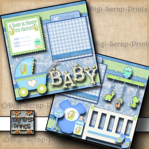 Baby Boy 2 Printed 12X12 Pre-made Scrapbook Pages Quick Pages Shower Paper  Premade Layout Paper Digiscrapprints A0044 