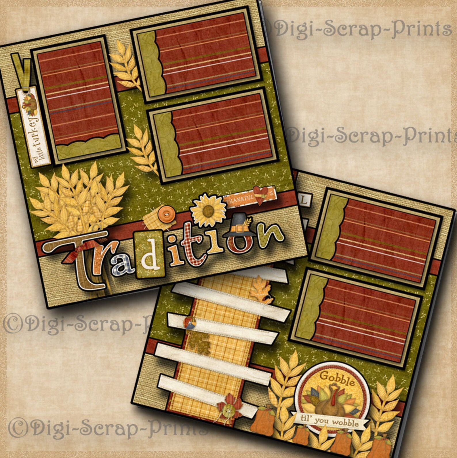 THANKSGIVING DAY ~ 2 Printed 12X12 Pre-made Scrapbook Pages Quick Pages ...