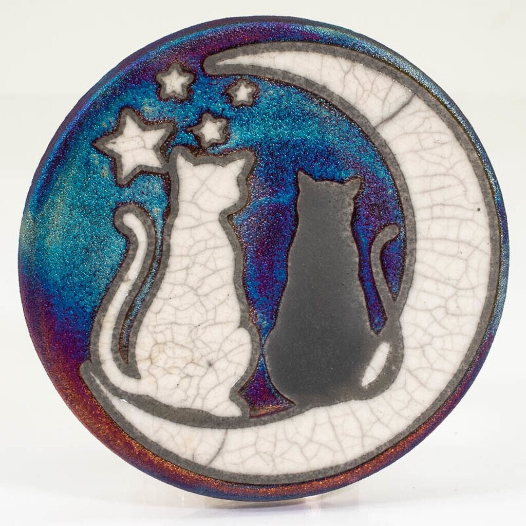 One-of-a-Kind Hand Fired Raku Art Pottery 4" Cats & Moon Coaster