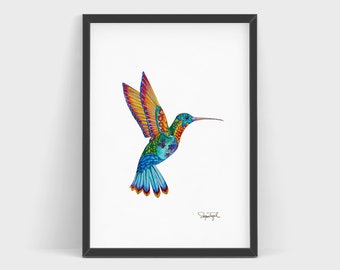 Impressão de aquarela de beija-flor – Arte de parede de pássaro colorido – Presente para amantes da natureza