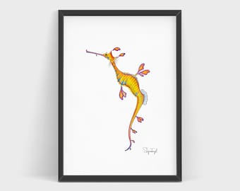 Weedy Sea Dragon Aquarell Druck | Meerestiere Kunst | Küsten Wanddekor