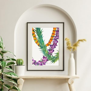 Hawaiian Lei Art Print | Tropical Orchid & Ti Leaf Watercolor Botanical | Floral Art Print | Colorful Island inspired Art