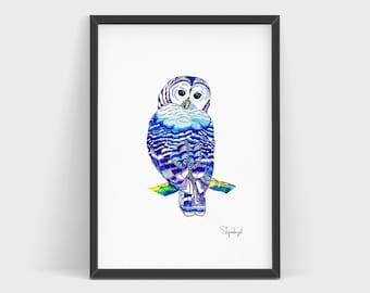 Impresión de acuarela de búho azul / Ilustración de búho barrado / Pájaro del bosque y decoración infantil
