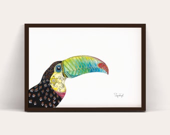 Aquarelprint toekan | Tropische vogelkunst | Jungle muurdecoratie | Kleurrijke poster met wilde dieren