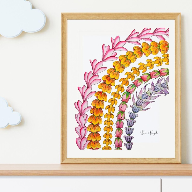 May include: A framed art print featuring a colorful floral design in a rainbow arc. The artwork showcases rows of pink, yellow, orange, and purple flowers. The print is in a light wood frame and rests on a wooden shelf.