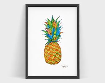 Impressão de aquarela de abacaxi tropical | Decoração de casa de ilha | Desenho de fruta