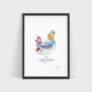 Chicken Watercolor Print | Farmhouse Kitchen Decor | Colorful Hen Art | Country Wall Art