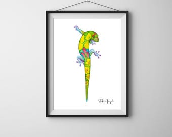 Hawaiian Day Gecko Watercolor Print – Colorful Tropical Lizard Art – Exotic Reptile Decor