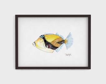 Impressão havaiano da aguarela do peixe-gatilho de &lt;br&gt; Entrega Rápida? Arte Humuhumunukunukuapua&#39;a | Decoração de peixes de recife tropical