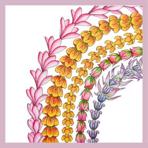 May include: Watercolor illustration of a floral design featuring a semi-circular arrangement of various flowers in shades of pink, orange, yellow, and purple. The flowers are arranged in rows against a white background.